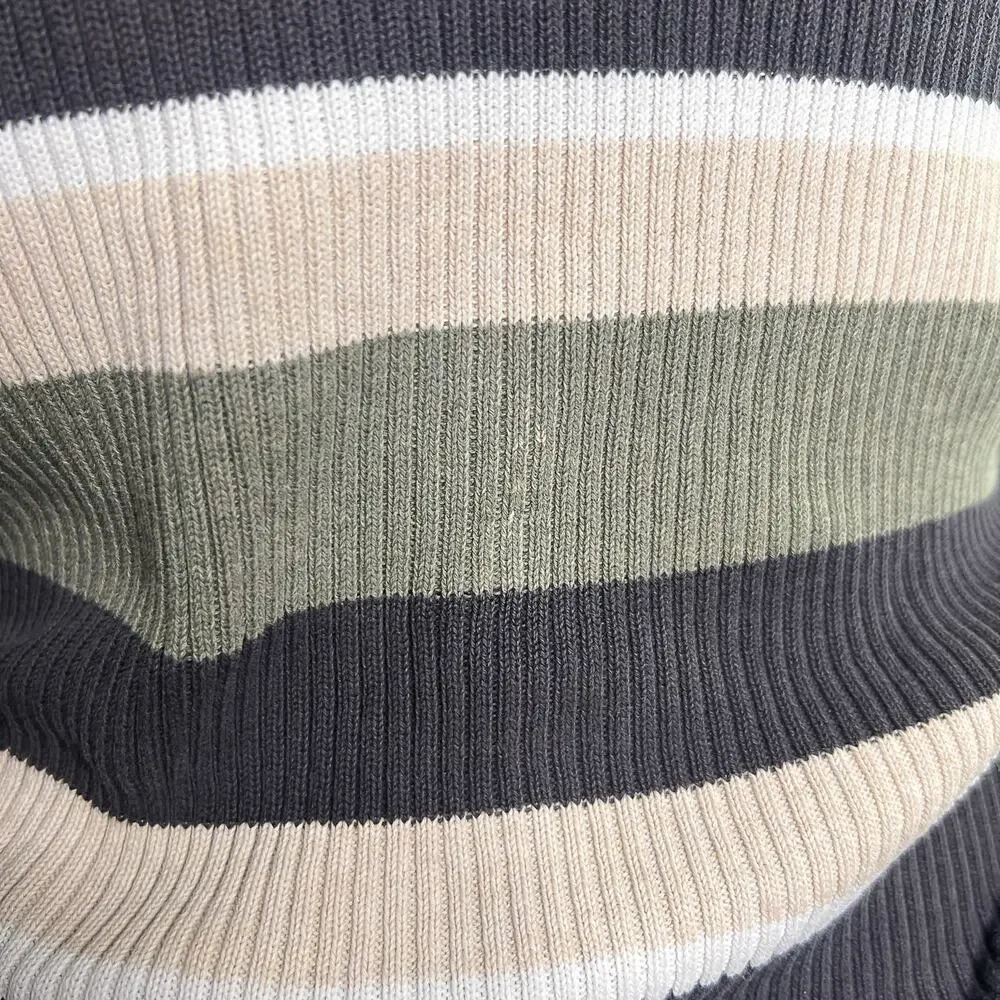 Y2K Striped Ribbed Sweater High Neck Long Sleeve Green Black Tan Skater Grunge - Picture 7 of 8